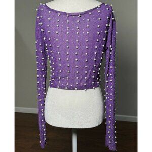 NEW Purple Beaded Long Sleeve Womens Cropped Sweater Faux Pearl Rhinestone M/L